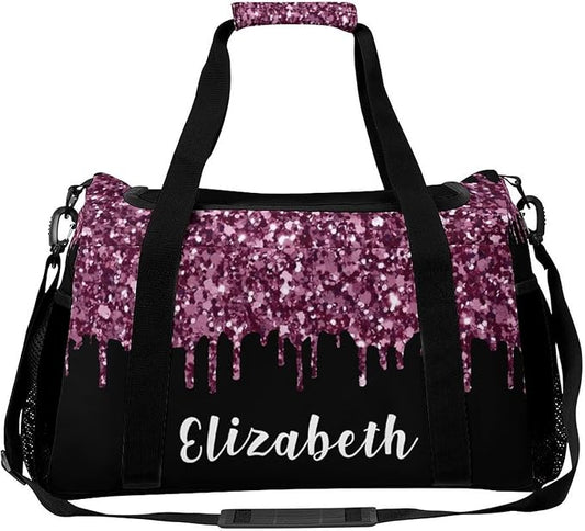 Duffle Bag, Personalized Name Bling Sequin Glitter Print Black Travel Bag, Lightweight Gym Training Sports Bags Custom Unisex Gifts for Men Women