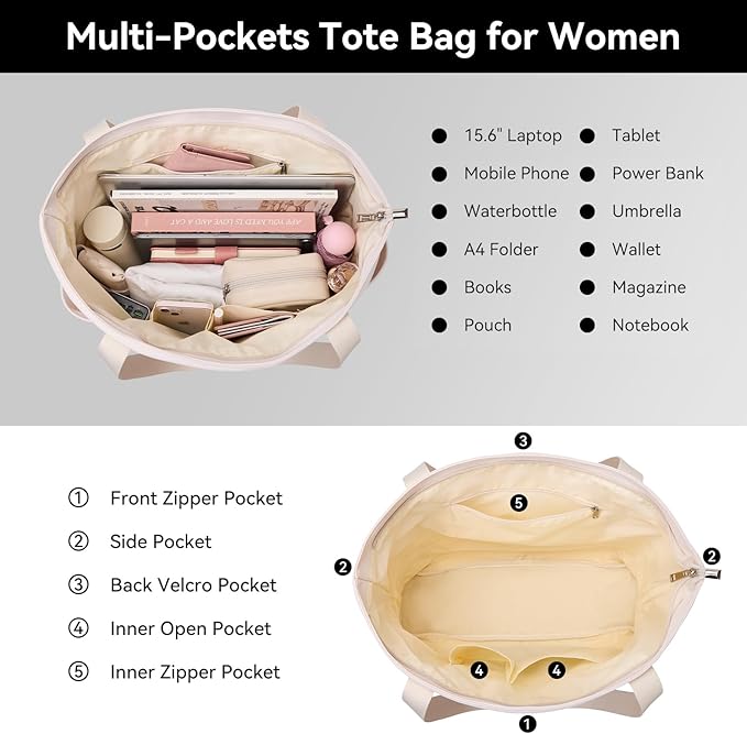 Handbags for Women Large Capacity Tote Bag with Zipper and Multi-Pockets Lightweight Waterproof Nylon Shoulder Bag