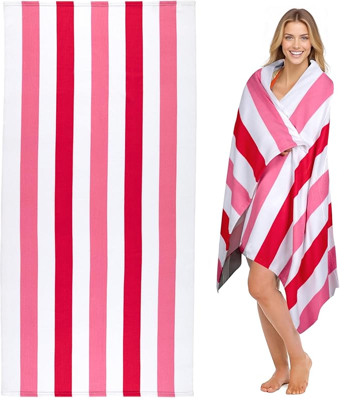 cabanana Large Oversized Beach Towel - Microfiber Sand Free 35 x 70 Inch Quick Dry Lightweight Pool Towel for Adults, Thin Striped Swim Towel (Pink)