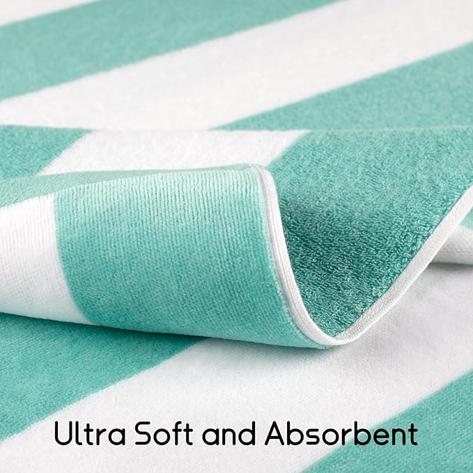 cabanana Large Oversized Beach Towel - 35 x 70 Inch Cotton Pool Towel, Turquoise Striped Soft Cabana Swim Towel