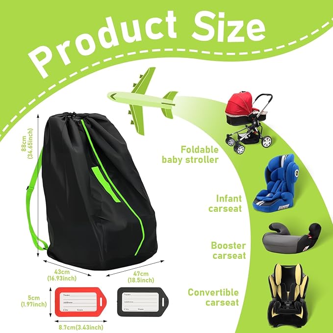 2PCS Car Seat Bags For Airplane Travel, Gate Check Bag, Durable Travel Bag with Thickened Shoulder Straps and 2pcs Luggage Tags For Airplane