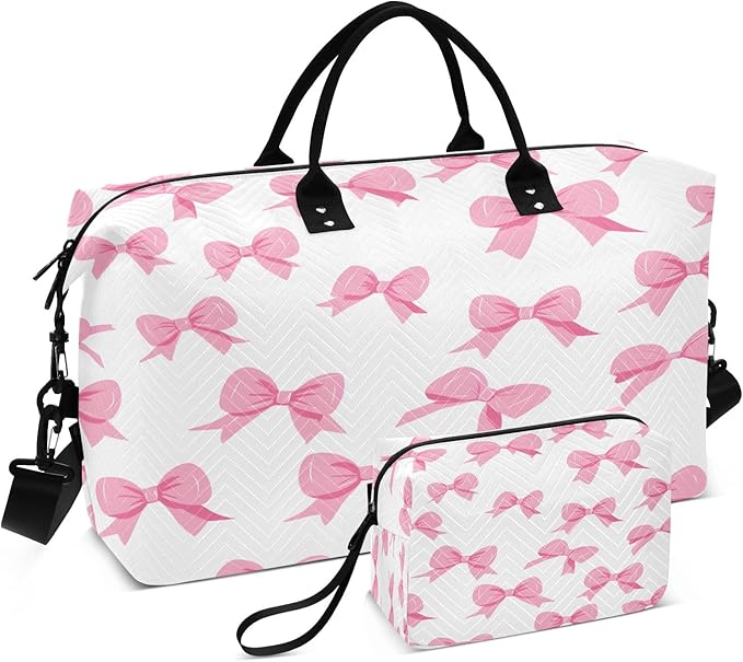 Pink Bow White Background Pattern Travel Duffle Bag Gym Yoga Carry on Bags for Men Women Weekender Bag