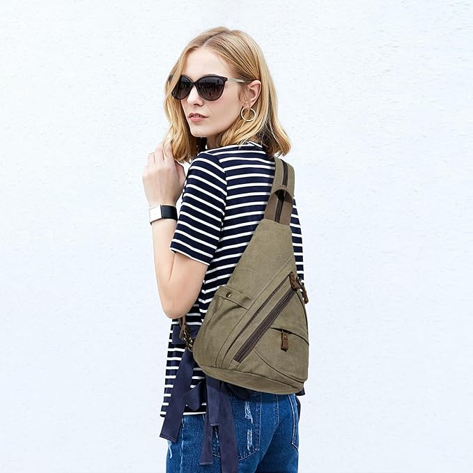 KL928 Canvas Sling Bag - Small Crossbody Backpack Shoulder Casual Daypack Rucksack for Men Women(Large Version,Olive Green)