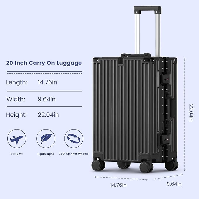 20 Inch Carry On Suitcase, Aluminum Frame Zipperless Hard Shell Luggage with Spinner Wheels, TSA Lock, USB Charging Port, Phone Holder, Cup Holder for Business Travel and Trips, Black
