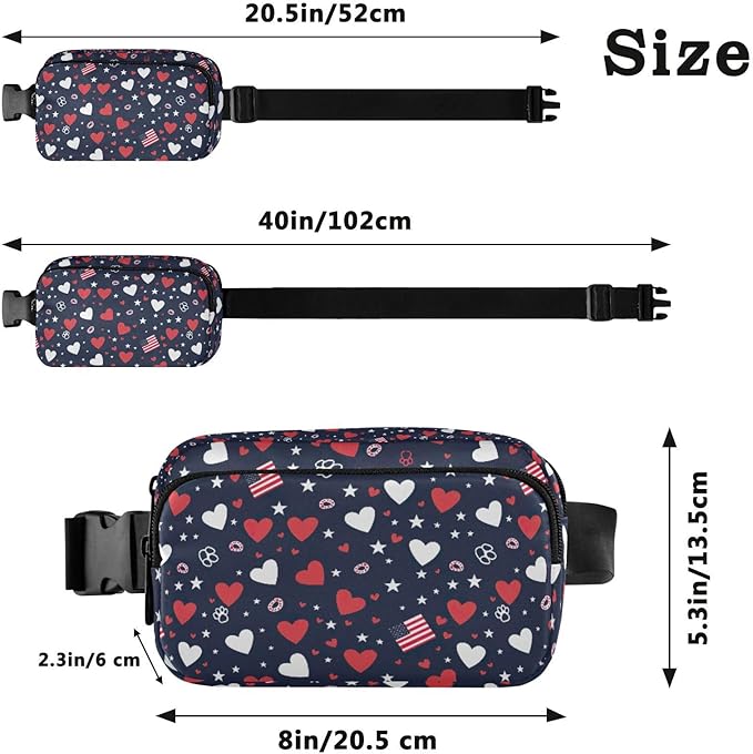 Kawaii American Flag Heart Dog Paw Fanny Pack for Women Men Water Resistant Fashion Waist Packs with Adjustable Strap Belt Bag for Travel Workout Jogging Hiking 21219382