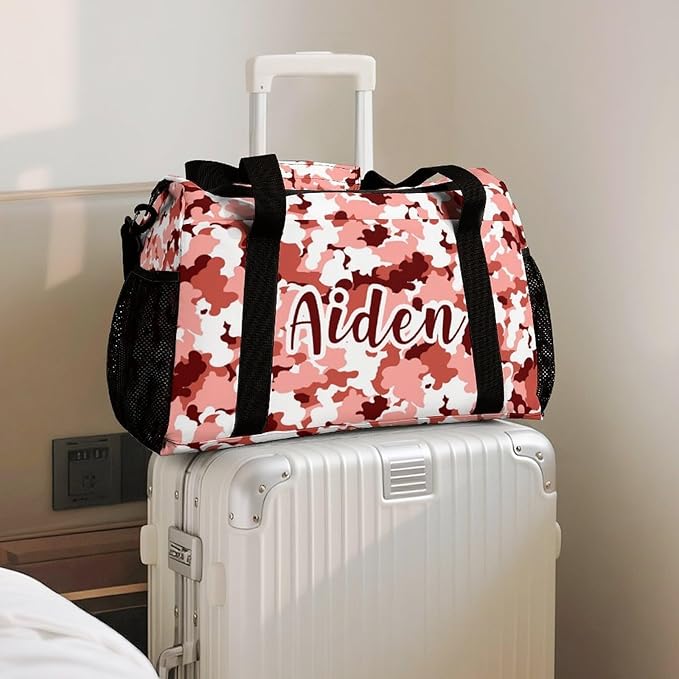 Personalized Sports Duffle Bags for Training, Red Camouflage Maroon Camo White Travel Bags with Adjustable Shoulder Strap, Custom Name Birthday Holiday Gift