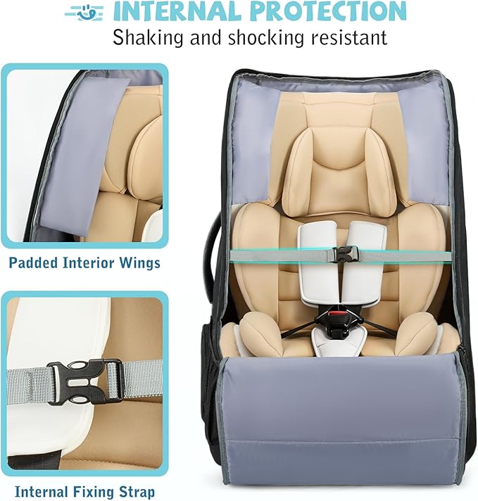 RAINSMORE Car Seat Travel Bag for Airplane Padded Carseat Backpack Heavy-duty Car Seat Cover for Air Travel Infant Car Seat Carrier Bag with Shoulder & Waist Strap, Fits Most Car Seat & Booster Seats