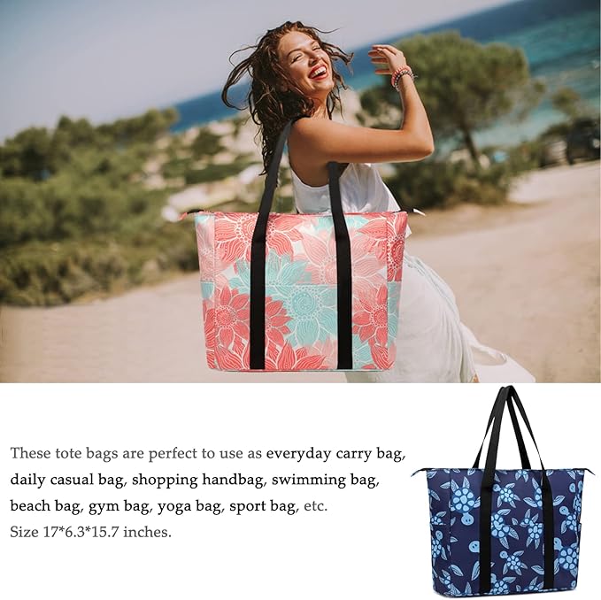 Octsky Large Beach Bags for Women - Waterproof Sandproof Beach Tote with Dual Zipper and Wet Pocket - 3 Outside Pockets