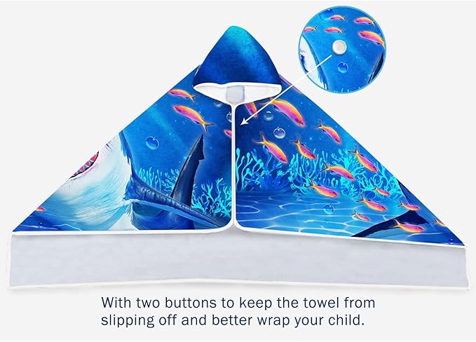 Bonsai Tree Shark Beach Towel, Shark Towel for Kids with Hood, Ocean Fishes Hooded Towel for Boys 30" x 50", Funny Sea Animals Microfiber Absorbent Soft Bath Towel Poncho Bathrobe for Swin Pool