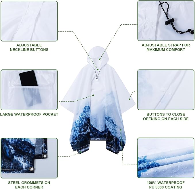 Hooded Rain Poncho for Adults - Waterproof Rain Coat and Lightweight Jacket 3-in-1 Multi-Function with Pockets