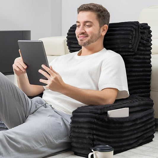 ENITYA Reading Pillow for Bed Sitting Up, 24” XXL Back Support Pillow with Arms & Large Pockets, Adult Backrest for Reading, TV, Gaming, Post-Surgery, Black