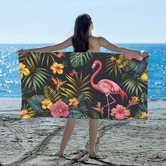 Flamingo Tropical Flowers Beach Towel, Large Microfiber Quick Dry Lightweight Pool Bath Towels Sand Free Beach Blanket for Summer Cruise Yoga Camping Travel Vacation Essentials 31 x 61 in