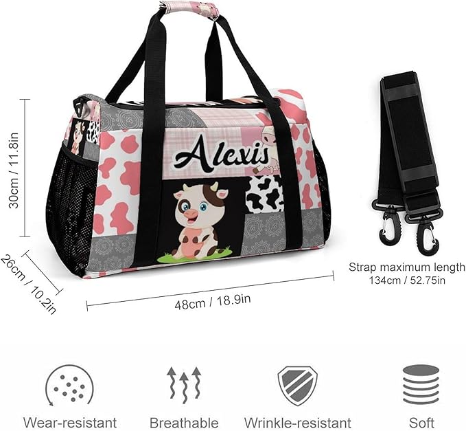 Personalized Pink Grey Patchwork Cow Print Duffle Bag with Adjustable Shoulder Strap Tote Bag for Women Man Workouts Custom Travel Perform Bag