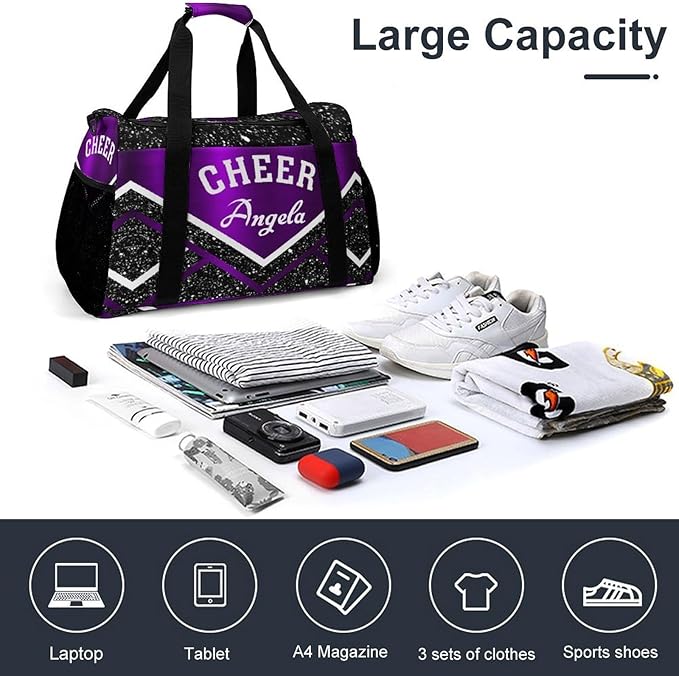 Custom Cheerleader Purple Cheering Black White Duffel Bag with Name Adjustable Shoulder Strap Pack Handheld Crossbody Travel Bag for Teens Men Women