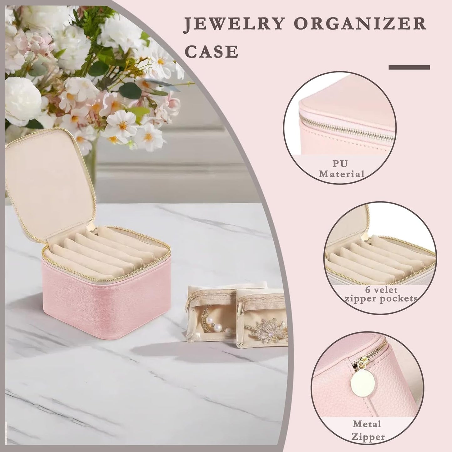 Jewelry Box Organizer for Women,Small Travel Jewelry Case,Mini Travel Jewelry Organizer with 6 Velvet Jewelry Zipper Pouches, Jewelry Box Organizer for Gift Idea for Girls(Pink)