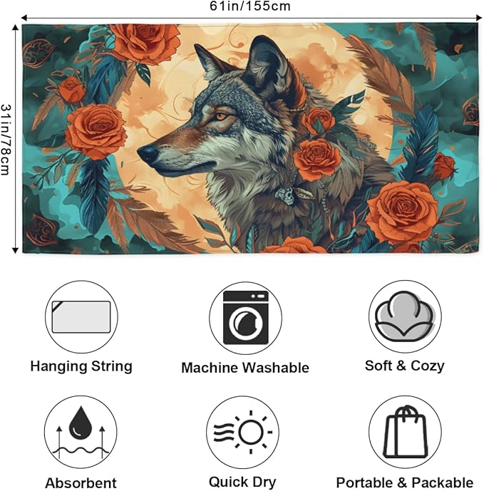 Rose Flower Wolf Feather Beach Towel, Large Microfiber Quick Dry Lightweight Pool Bath Towels Sand Free Beach Blanket for Summer Cruise Yoga Camping Travel Vacation Essentials 31 x 61 in