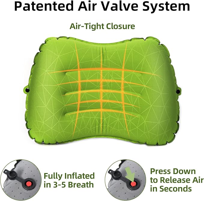 Camping Pillow - Inflatable Pillow - Travel Pillows for Backpacking & Airplane, Lumbar Support 2.0 Dual-Valve Blow Up Pillow, Ultralight Compressible, Comfortable, Ergonomic Pillows
