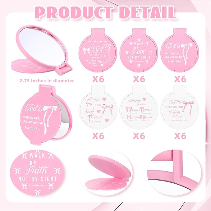 Namalu 36 Pcs Pink Bow Coquette Mini Bible Verse Compact Mirrors Inspirational Christian Wedding Gifts Bulk Women Travel Round Pocket Makeup Mirror Religious Gift for Purse Church Party Favors
