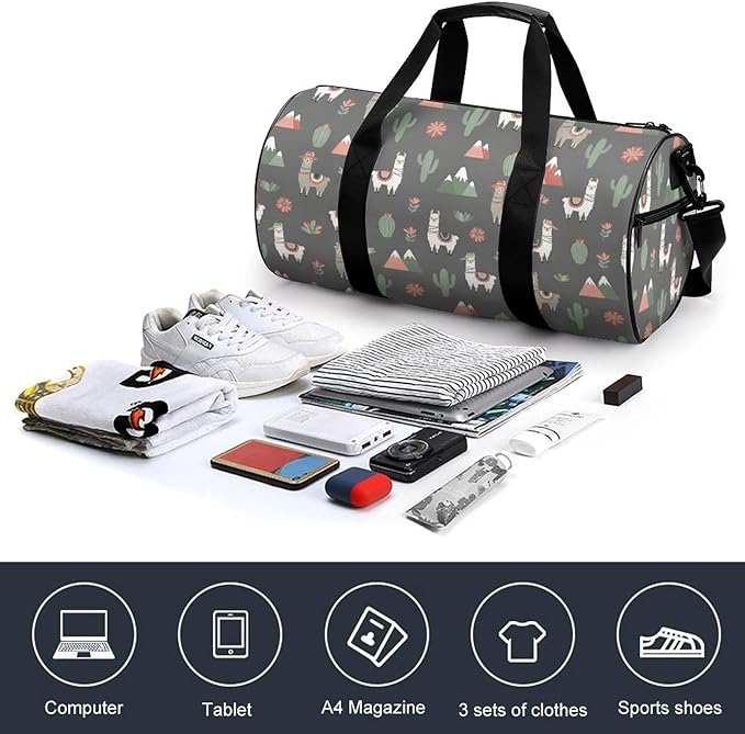 Unisex Foldable Gym Bag Llama Alpaca Cactus Lightweight Travel Sports Bag Workout Yoga Dance Bags Overnight Weekender Bags