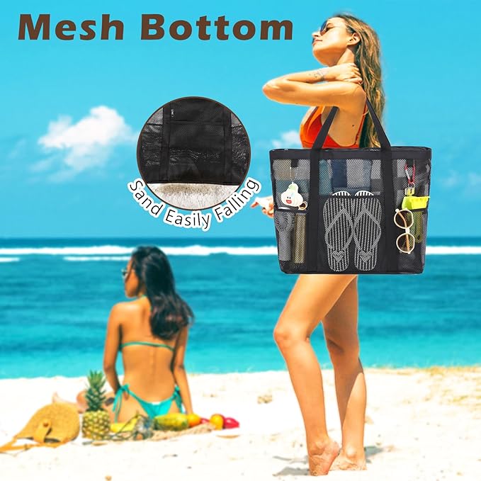 Mesh Beach Bag with Zipper, Large Beach Tote for Women, Toys Pool Swim Bag Travel Vacation Cruise Essentials