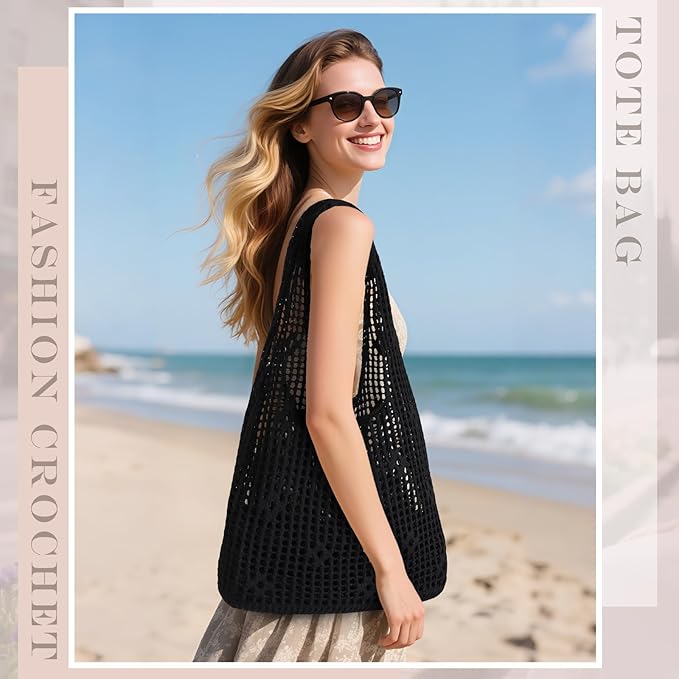 Sightor Crochet Tote Bag, Mesh Beach Bag Knit Summer Hobo Bag Vacation Boho Tote Bag for Women