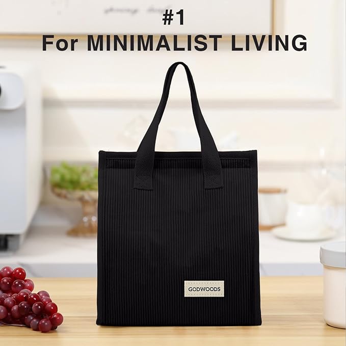 TELLUMO Corduroy Lunch Bag for Women Men Cute Lunch Bag Insulated Lunch Box with Large Capacity (7.5L) Reusable Lunchbag for Work, Picnic, Beach or Travel (S- Corduroy Black)