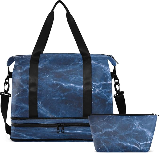 Travel Duffel Bags for Women Blue Marble Print Sports Duffel Bags Gym Bags with Shoes Compartment Tote Bag Weekender Bag for Travelling