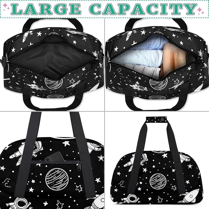 Cartoon Space Gym Travel Duffle Bag for Women & Men with Front Zipper Pocket for Sports, Overnight, Weekender, Carry On,Workout & Dance Bag,Black,18.9 * 8.7 * 10.6 in
