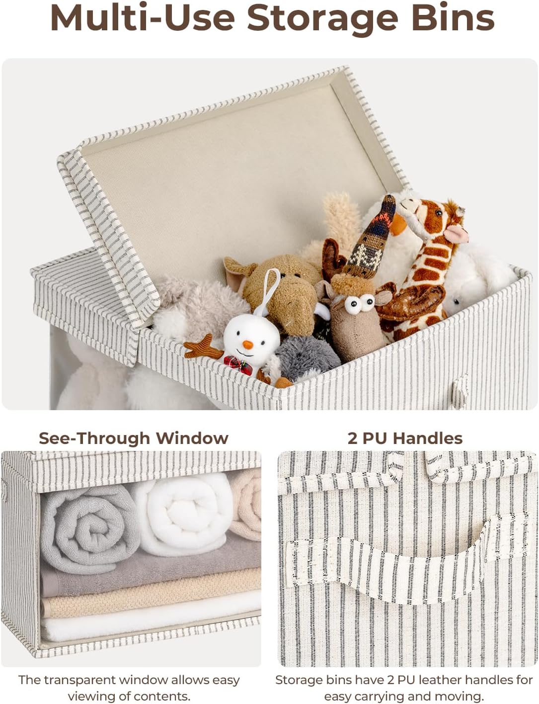 StorageWorks Storage Bins with Lid and Clear Window, Fabric Storage Boxes with Lids, Stackable Basket for Shelves, Closet Organizer and Storage Bins, Khaki and Beige Stripes, Jumbo, 4-Pack