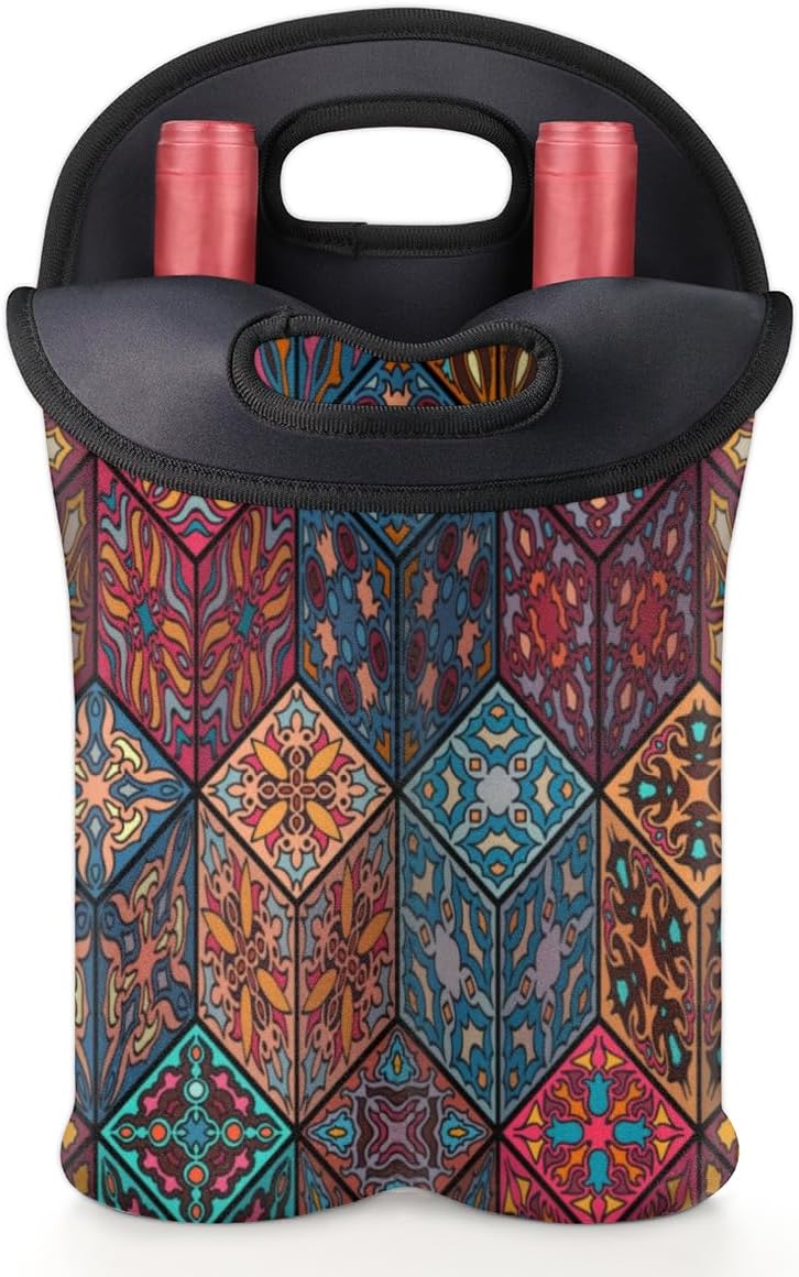 Square Mandala 2 Bottle Wine Carrier Tote Bag Insulated Wine Bottles Neoprene Bag with Secure Carry Handle Portable Wine Cooler Bag for Travel Picnic Beach