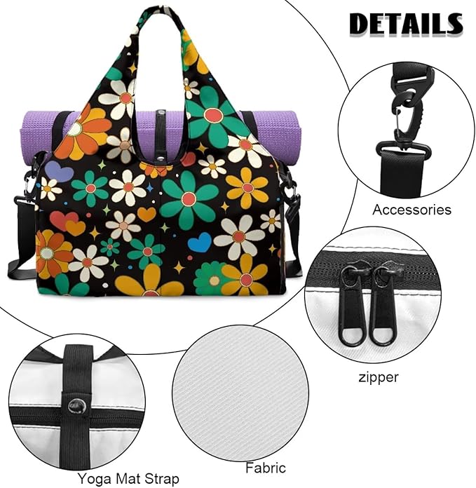 Hippie Flower Gym Bag with Shoe Compartment and Yoga Mat Holder, Waterproof Floral Duffel Bag with Pockets Black Workout Bag for Men Fitness Workout Sports Bag