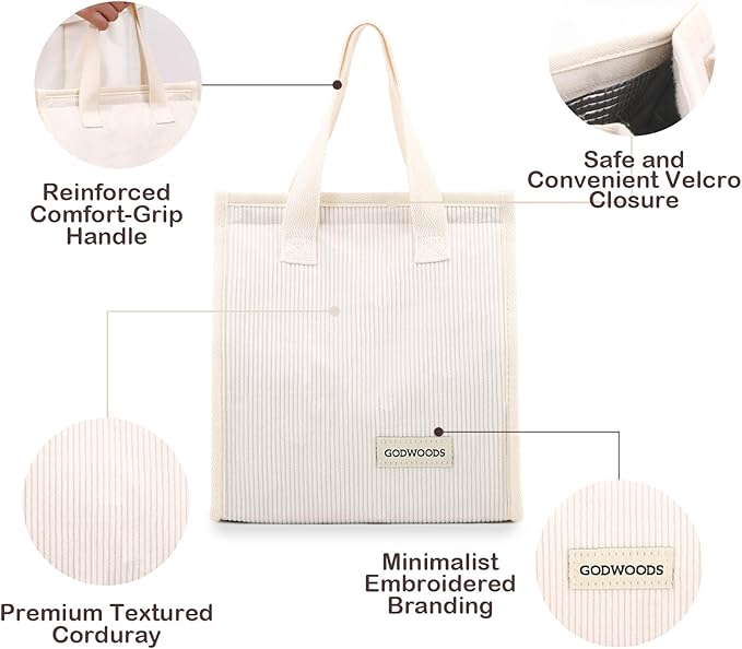 TELLUMO Corduroy Lunch Bag for Women Men Cute Lunch Bag Insulated Lunch Box with Large Capacity (7.5L) Reusable Lunchbag for Work, Picnic, Beach or Travel (S- Corduroy Beige)