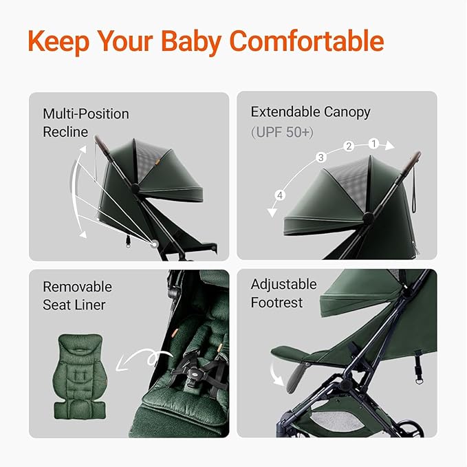 MAMAZING Ultra Air Lightweight Baby Travel Stroller with Carbon Fiber Frame, Compact & Airplane-Friendly, One-Handed Fold, 11.6 lbs, Perfect for Toddlers, Organizer & Cushion Included, Green