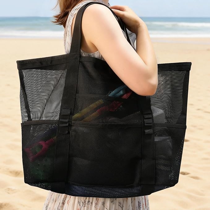 Large Mesh Beach Tote Bag, 9-Pocket Foldable Summer Vacation Beach Bag for Travel, Pool, Gym, Cruise