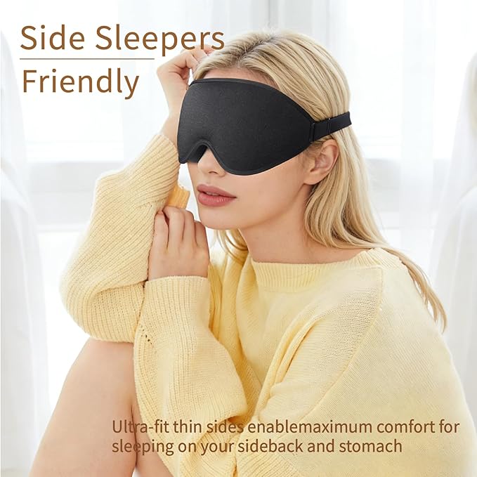 3D Sleep Mask for Side Sleepers, Memory Foam Eye Mask for Sleeping, 100% Blackout, Breathable & Lightweight, Adjustable Strap, No Pressure on Eyes, Soft Travel Sleep Mask for Men & Women Black