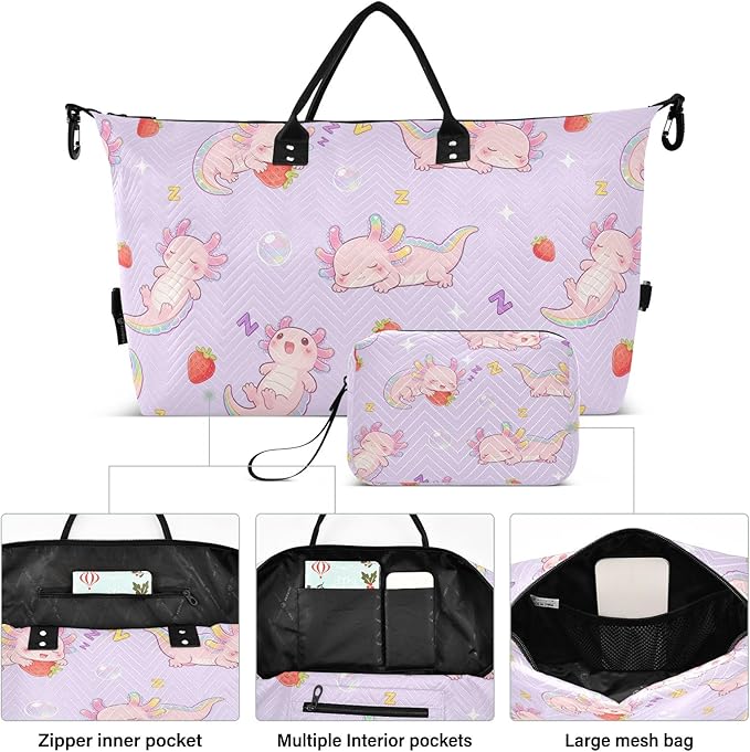 Travel Duffle Bag, Good Night Strawberry Axolotl Gym Bag with Storage Bag Weekender Overnight Bag for Men Women Trip Sports Yoga