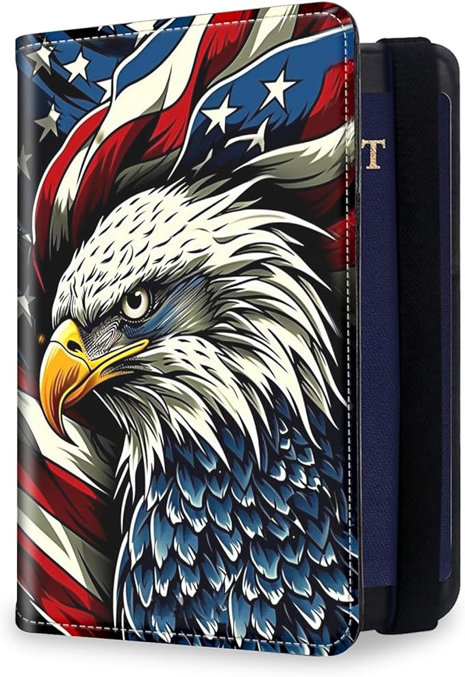 RFID Security Premium Passport and Travel Document Holder Combo, Slim PU Leather Folio Wallet with 3 Card Slots & Boarding Pass Pocket, Secure Elastic Closure Organizer, American Flag Eagle