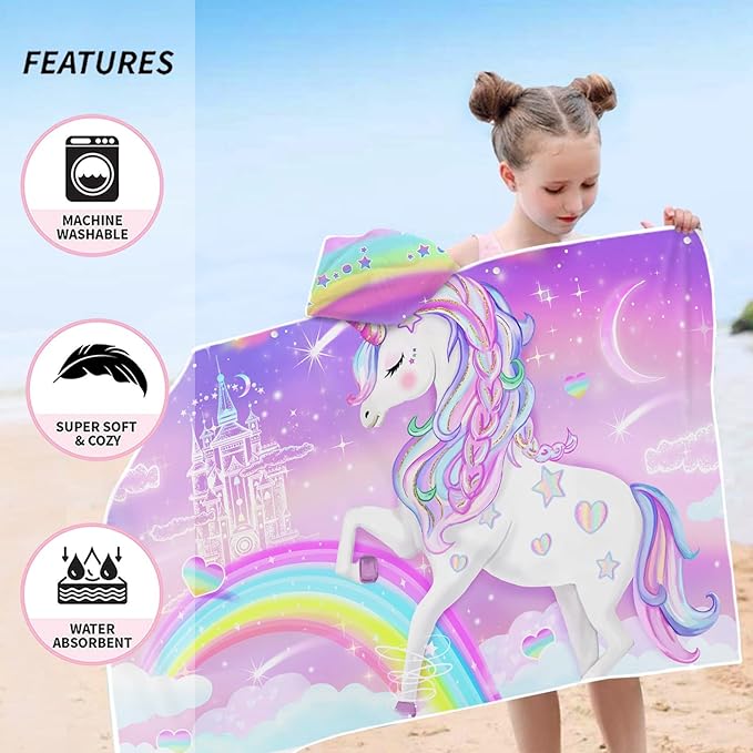Bonsai Tree Unicorn Beach Towel, Unicorn Towel for Girls with Hood, Rainbow Unicorn Hooded Towel for Kids 30" x 50", Cute Cartoon Microfiber Absorbent Soft Bath Towel Poncho Bathrobe for Swin Pool