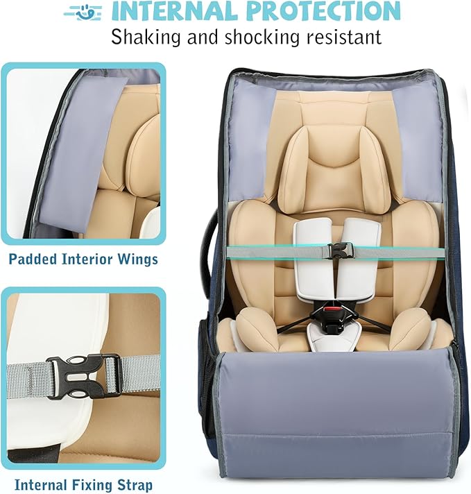 RAINSMORE Car Seat Travel Bag for Airplane Padded Carseat Backpack Heavy-duty Car Seat Cover for Air Travel Infant Car Seat Carrier Bag with Shoulder & Waist Strap, Fits Most Car Seat & Booster Seats