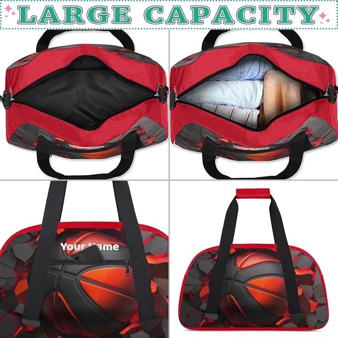Custom Gym Bag Red Black Soccer Personalized Outdoor Sports, Travel Carry-On Luggage and Dance Practice Designed Specifically for Boys and Girls
