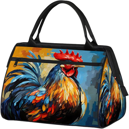 Multipurpose Duffle Bag, Waterproof Carry On Bag with Spacious Design, Rooster Chicken Painting Gym Bags, 15.2x8.3x11.6in