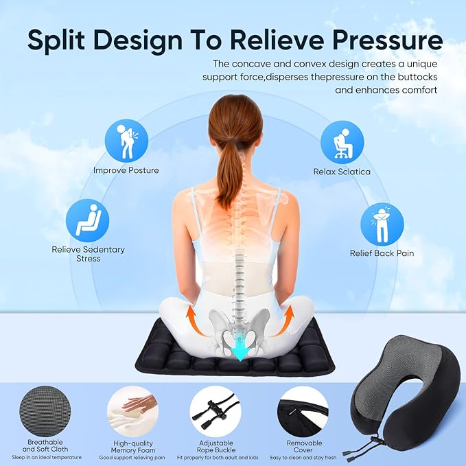 Travel mat - Inflatable Bubble Design, Used for car/Office/Airplane seat Cushion, Equipped with Storage Bags. Ergonomically Designed 3D Inflatable airbag, Including Neck Pillow kit (U-Shaped)