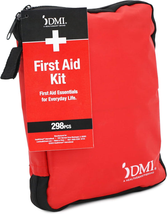 DMI 298-Piece Complete Emergency First Aid Kit, Treats Pain, Swelling, Cuts, Scrapes & Burns, Complete First Aid Guide Included, Clear Pocket Organization, Durable Zippered Travel Bag