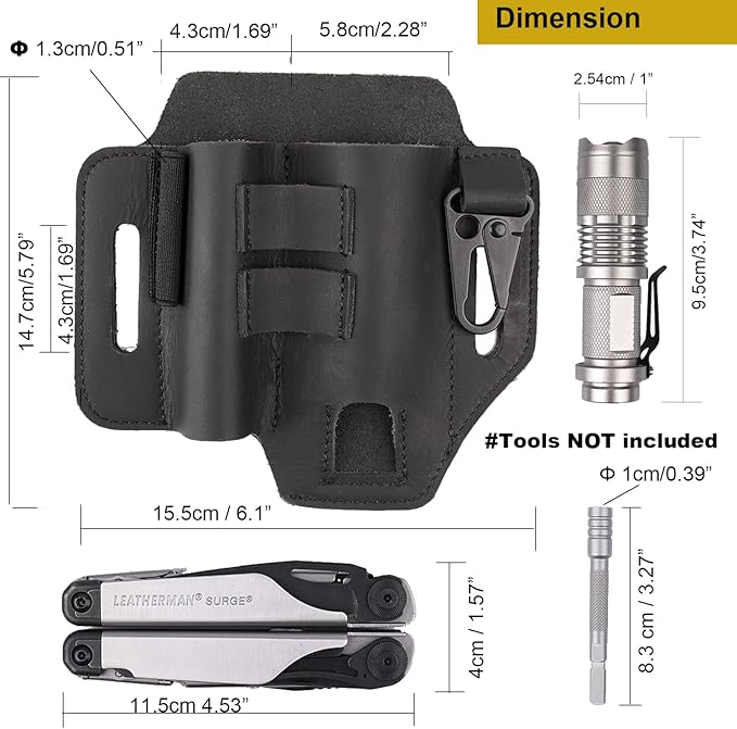 Gentlestache Multitool Leather Sheath for Belt, EDC Organizer, Multitool Pouch,Leather EDC Sheath with Elastic Band Pen Holder, Flashlight Holder and Keychain Clip, Practical Belt Pouch for EDC Gears