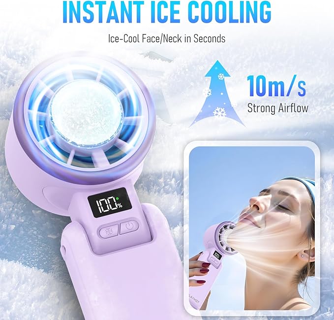 Portable Handheld Turbo Fan with Ice Cooling, Rechargeable Personal Fan, Up tp 12Hrs Cooling, 5 Speed 25550RPM Powerful Portable Fan for Travel, Outdoor, Camping, Hiking (Purple)