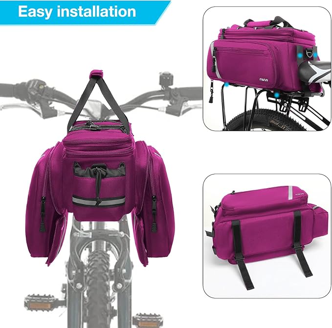 MOSISO Bike Rack Bag with Rain Cover, Bike Trunk Cooler Handag Insulated Bicycle Rear Seat Pouch with 2 Side Foldable Panniers, 8L Cycling Backseat Storage Cargo Saddle Shoulder Bag, Rose Red