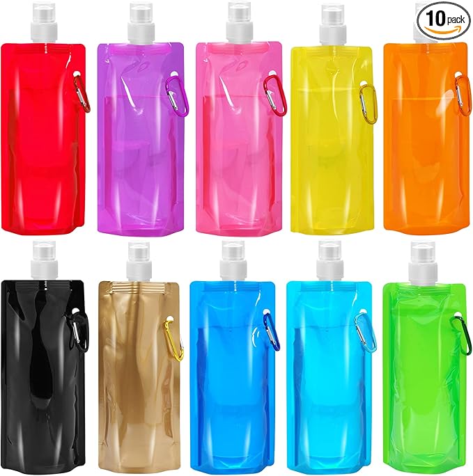 10 Pcs Collapsible Foldable Water Bottle 480ml, Leak Proof with Carabiner, BPA Free, Reusable Drinking Bags for Travel, Gym, Camping, Hiking