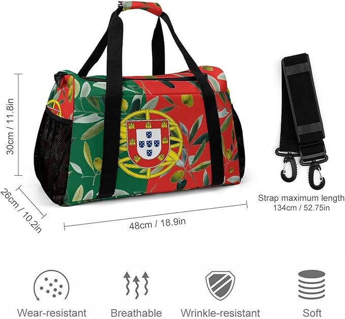 Portugal Flag Portuguese Olives Duffle Bag Gym Bag for Workout Travel Tote with Detachable Straps