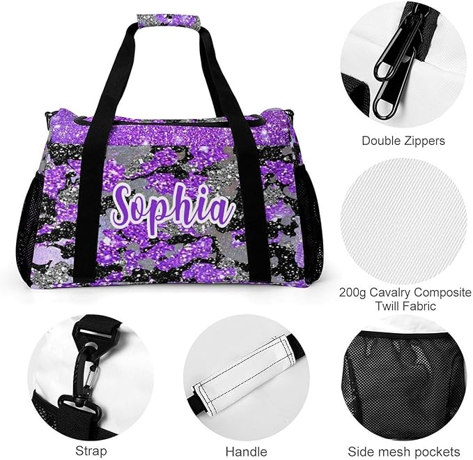 Purple Camo Bling Glitter Print Tote Bag, Customized Duffel Bags Weekender Overnight Bag Travel Bag Personalized Gift Gym Bags Luggage Bag