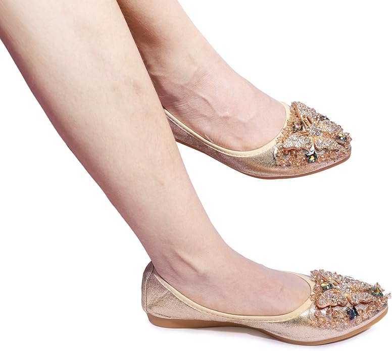 Womens Ballet Flats Foldable Rhinestone Pointed Toe Comfortable Slip on Wedding Flat Shoes Dress Flats for Women